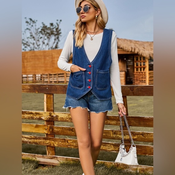 Pocketed Button Up Sleeveless Denim Jacket - Picture 6 of 6